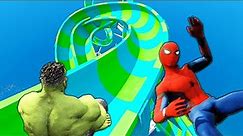Spiderman, Hulk, Miles Morales Giant Water Slide Competition