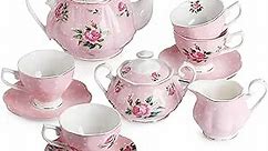 BTaT- Floral Tea Set, Tea cups (8oz), Tea Pot (38oz), Creamer and Sugar Set, Gift box, China Tea Set, Tea Sets for Women, Tea Cups and Saucer Set, Tea Set for Adults, 4 Tea Cups Set, Mother's Day Gift