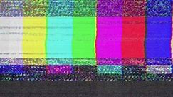 No signal old vintage TV. Static color noise. Glitch Error Video Damage. Bad interference. Broken antenna. Distortion and Flickering, analog TV signal. Vertical color bars