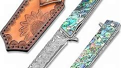 Damascus Pocket Knife, Handmade Hand Forged VG-10 Steel Folding Knives with Leather Sheath, 3-3/4 Inch Blade Pocket Knife for Outdoor Camping and Hunting (Abalone Handle)