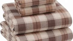 Ruvanti Flannel Sheets Queen Size - 100% Cotton Brushed Bed Sheet Sets - Deep Pockets 16 inches (Fits up to 18") - All Seasons Breathable & Super Soft - Warm & Cozy - 4 Pcs - Beige & Grey Plaid