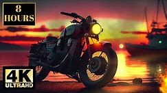 Motorcycle Fire Sunset Water Wallpaper Screensaver Background 4K 8 HOURS With Music