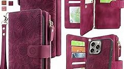 Harryshell Compatible with iPhone 15 Pro Max 6.7 inch 5G 2023 Wallet Case Detachable Removable Phone Cover Zipper Cash Pocket Multi Card Slots Wrist Strap Lanyard (Floral Wine Red)