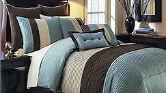 Royal Hotel Bedding Hudson Teal-Blue, Brown, and Cream King Size Luxury 8 Piece Comforter Set Includes Comforter, Bed Skirt, Pillow Shams, Decorative Pillows
