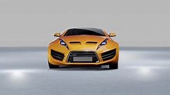 Animación 3D de un coche deportivo naranja con fondo blanco. Diseño conceptual sin marca.