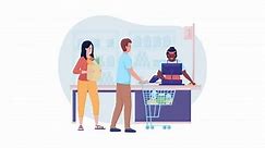 Animated pay at cash register. Looped flat 2D characters HD video footage. Supermarket service colorful isolated animation on white background with alpha channel transparency for website, social media