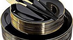 150pcs Black and Gold Dinnerware Set - Plastic Plates and Silverware for Birthdays, Parties, Weddings