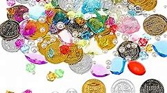 Hanaive 319 Pcs Pirate Treasure Pirate Gold Fake Coins Plastic Pirate Gems and Jewels Playset Pirate Party Decor Treasure for Pirates Themed Adventures 2023 Christmas Summer Pool Party Coins (Round)