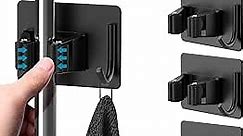 HOMEASY Mop Broom Holder No Drill, Mop Broom Organizer Wall Mounted Heavy Duty with Hooks Hanger, Self Adhesive Stainless Steel 4Pcs for Bathroom, Kitchen, Office (Black)
