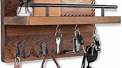 OurWarm Wall Mounted Key Holder / Hangers for Wall Decorative with 5 Key Hooks, Wooden Mail Rack Organizer with Shelf, Rustic Home Decor for Entryway Mudroom Hallway Office, Brown