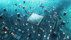 Cpu Processor On Circuit Board. Artificial Intelligence And Neural Networking. Computer And Technology Related 4K 3D CG Animation.