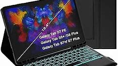 for Samsung Galaxy Tab S7 FE / S7 Plus /S8 Plus 12.4 inch Case with Keyboard - 7 Colors Backlit Trackpad Detachable Tablet Keyboard Cover with Touchpad & S Pen Holder for Tab S7 FE /S7+ /S8+ Black