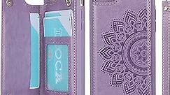 iCoverCase iPhone SE 2022/SE 2020 Case with Card Holder for Women, iPhone 7/8 Wallet Case with Wrist Strap [RFID Blocking] Embossed Leather Kickstand Phone Case for iPhone SE (Mandala Purple)