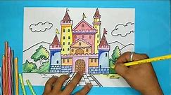 How to draw Castle Easily. Step by step drawing colourful castle