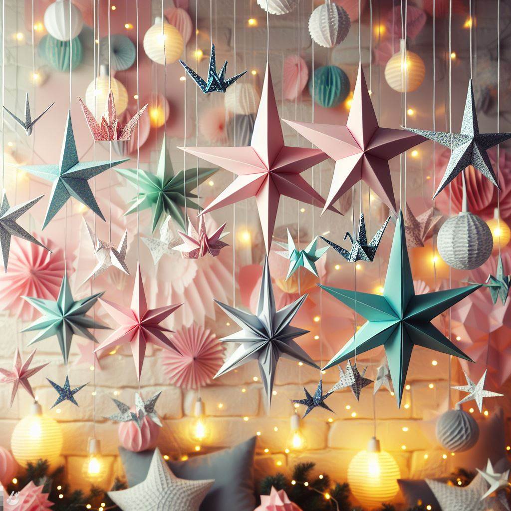 BingAI - Pastel Origami Stars and Cranes: Festive Ceiling Decorations