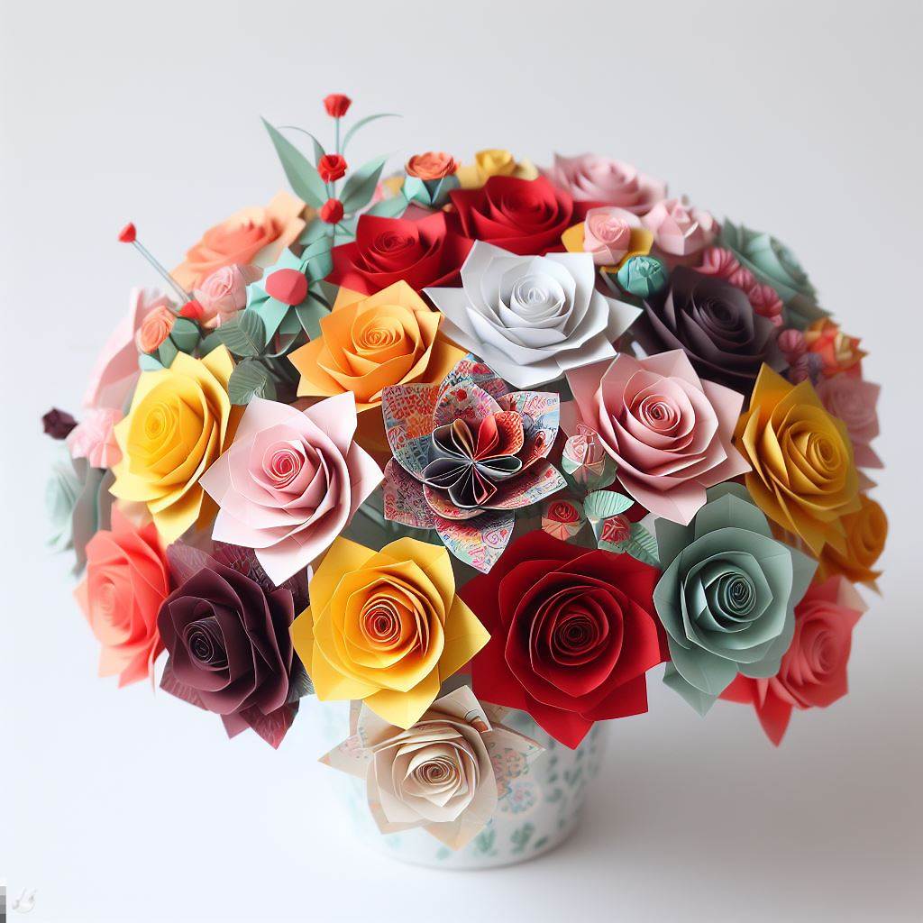 BingAI - Colorful Origami Rose Bouquet on White Background