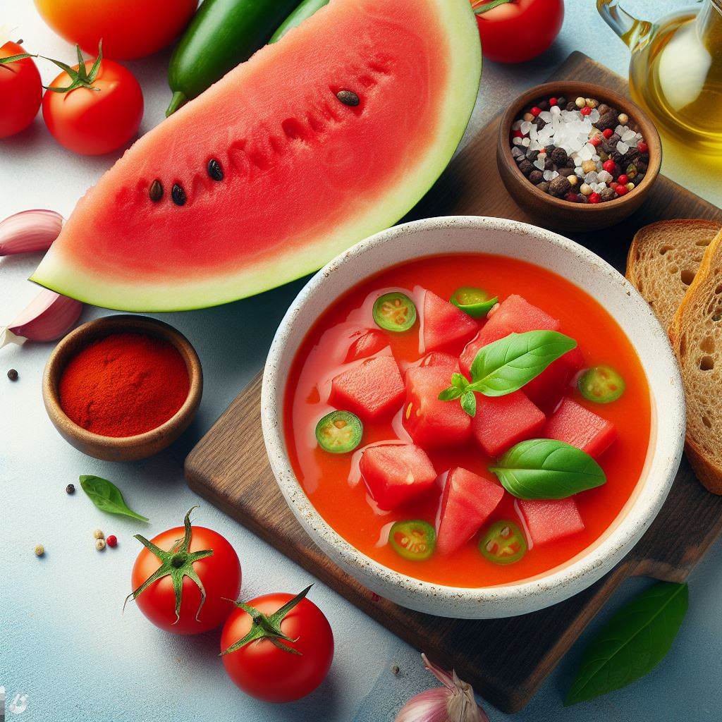BingAI - Refreshing summer soup with juicy watermelon and ripe tomato