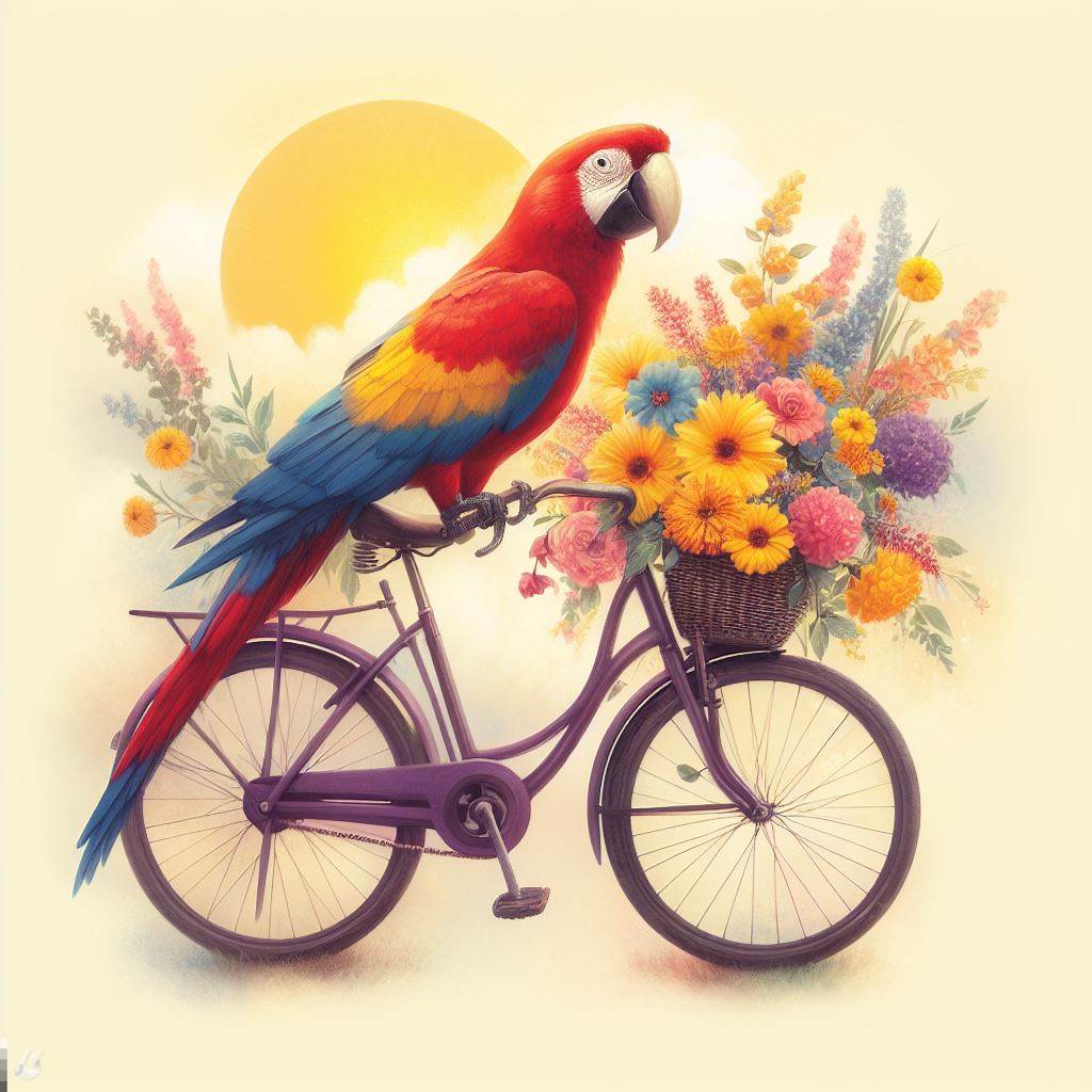 BingAI - A Floral Ride: Parrot on a Bicycle