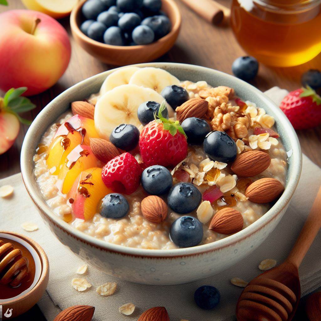 BingAI - Wake up to a delicious breakfast! A bowl of oatmeal with fresh fruit, nuts, and honey
