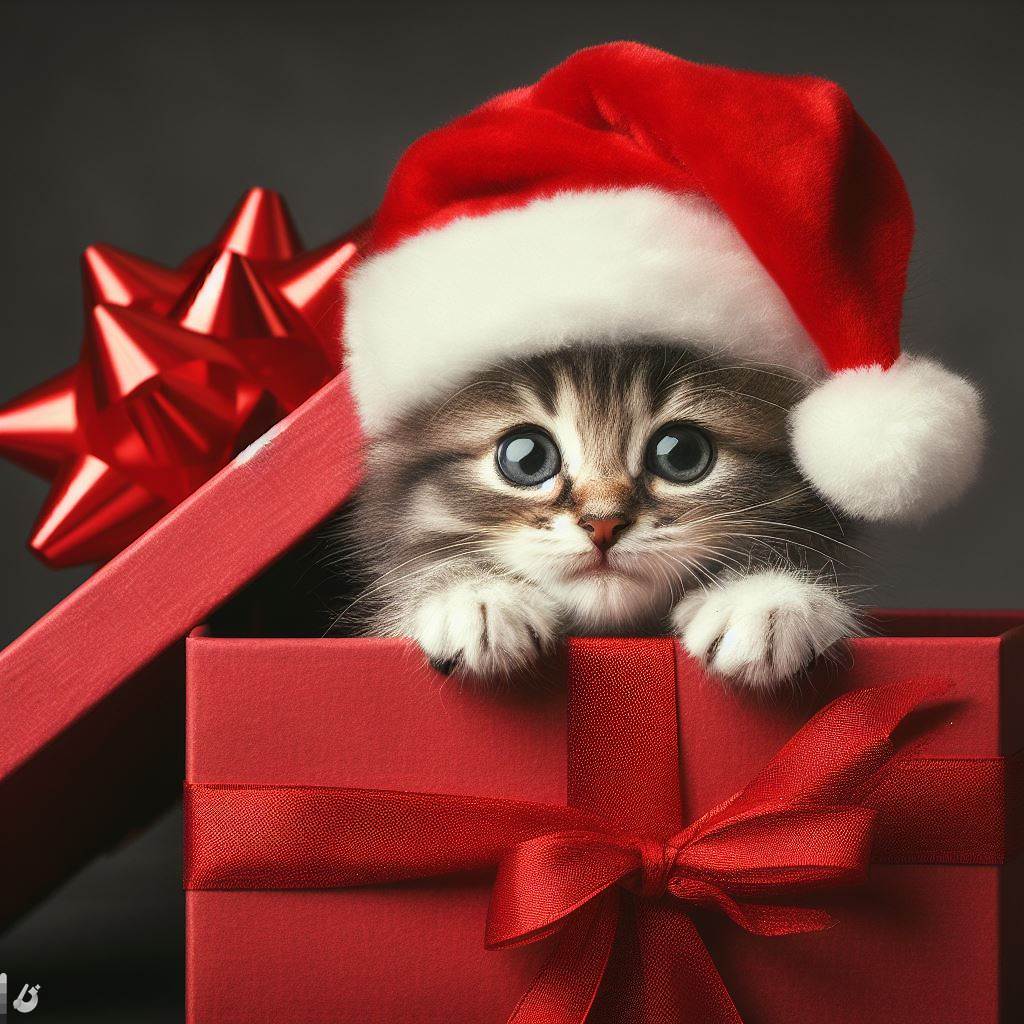 BingAI - Adorable Kitten Santa Peeking Out of Festive Gift Box