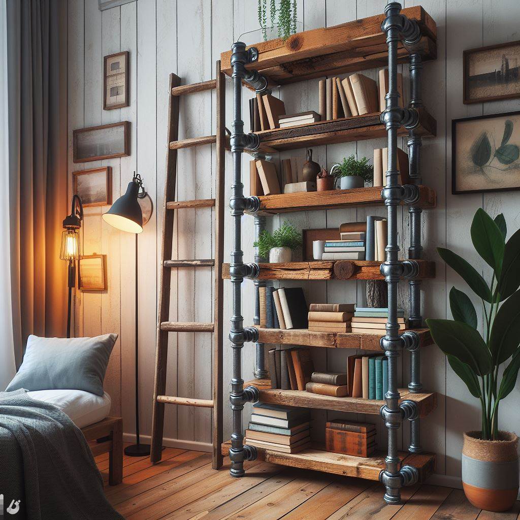 BingAI - Get creative with these weekend-friendly bookshelf projects! A ladder bookshelf made from reclaimed wood and metal pipes for a rustic industrial look