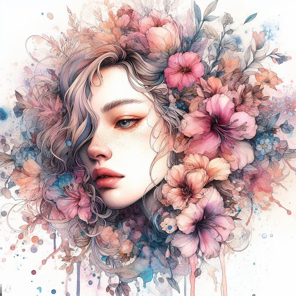 BingAI - Intricate Watercolor Beauty with Floral Splashes