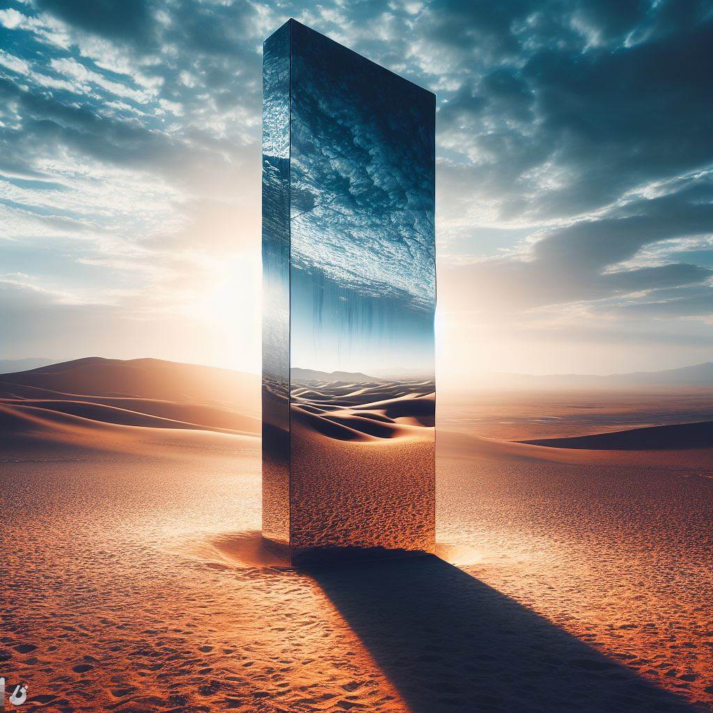 BingAI - Mysterious Monolith Reflecting Desert Landscape