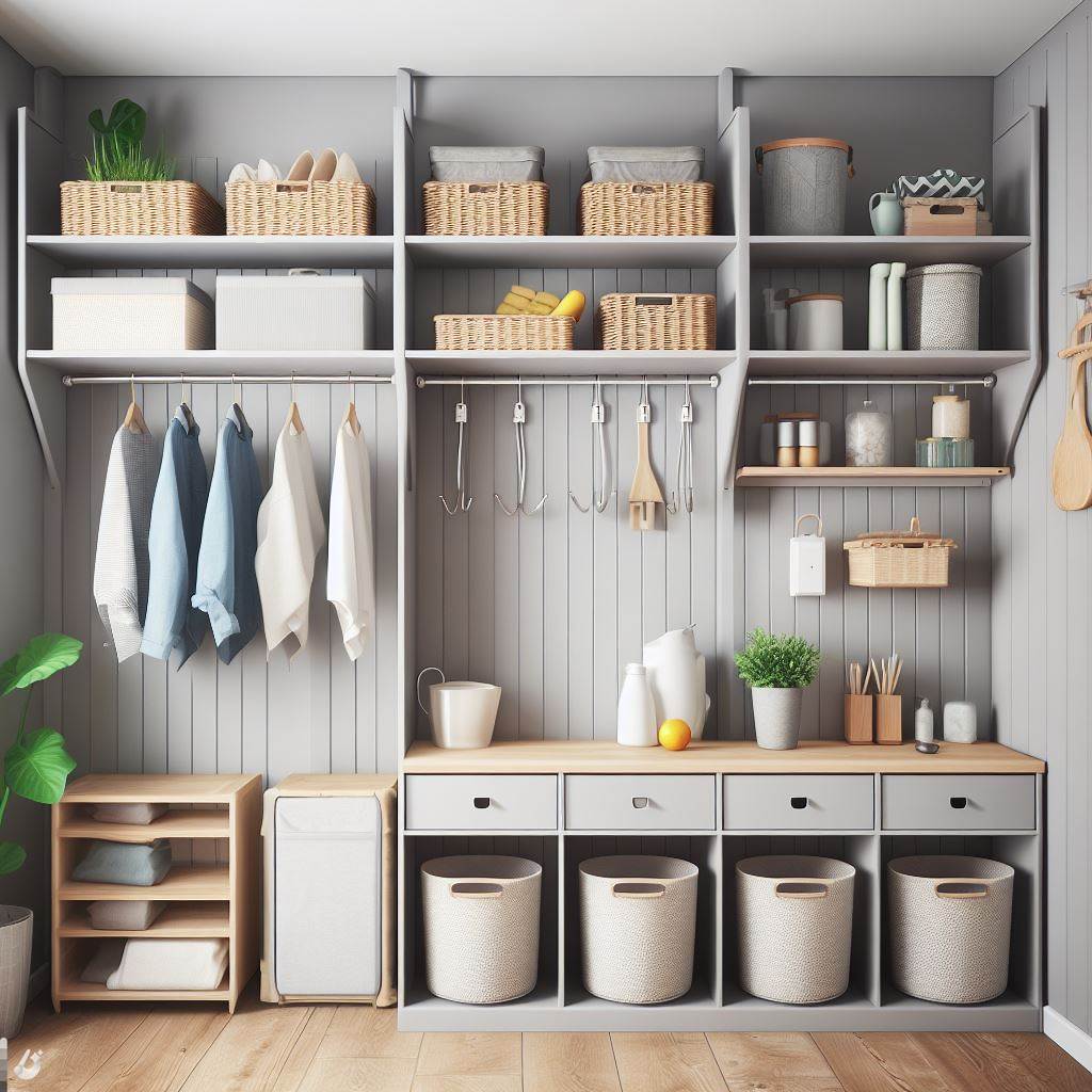 BingAI - Transform your utility room into a stylish and organized space with these 38 inspiring ideas! A built-in shelving unit with adjustable shelves, hooks, and baskets for storage and organization