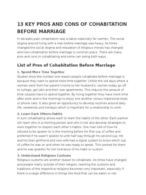 cohabitation before marriage pros and cons