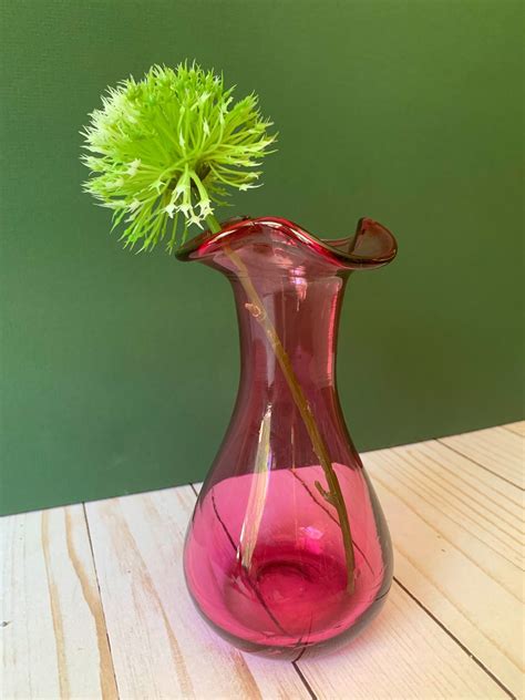 Vintage Hand Blown Pink Glass Vase With Fluted Opening Etsy