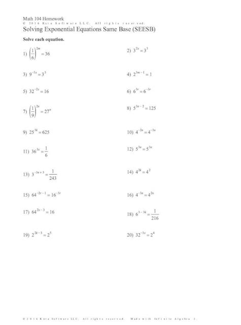 solving exponential equations   bases worksheet