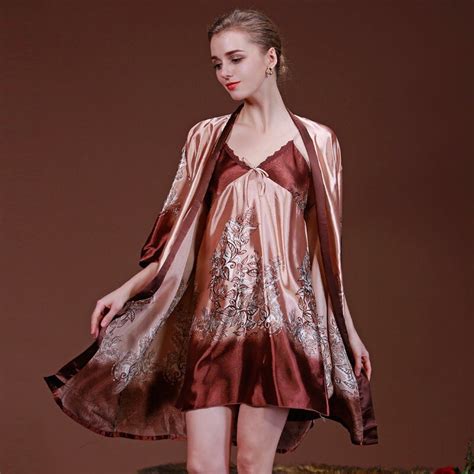 2pcs Kimonos Ladies Sexy Nightwear Faux Silk Robe Lace Splicing Satin