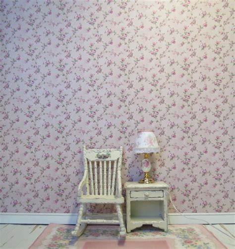 poppenhuis miniatuur shabby chic behang paarse rozen etsy