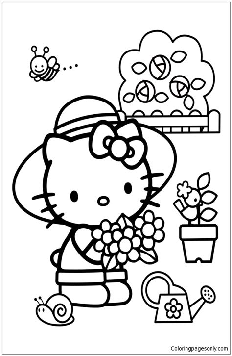 kitty picking flowers coloring page  printable coloring pages