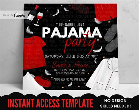 Adult Pajama Party Black And Red Invitation Template Girls Night In