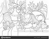 Natura Morta Colorear Bodegones Raccolto Récolte Vecteur Vecchia Frutti Verdure Stile Imitazione Vettore Ringraziamento Légumes Harvest Vectorillustratie Oude Vruchten Stilleven sketch template