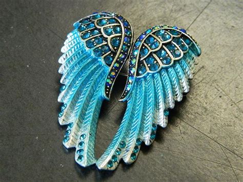 sky blue angel wings brooch pin silver brushed pewter
