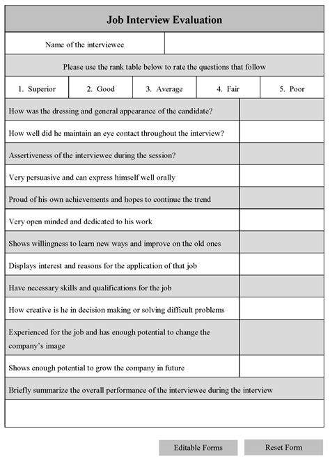 sample interview evaluation templates   printable forms