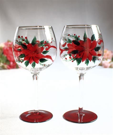Poinsettia Wine Glasses Christmas Glasses Red Poinsettia Glasses