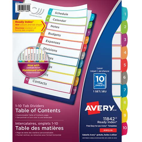 avery ready index customizable table  contents dividers white  multi coloured tabs