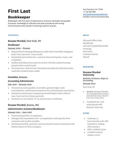 bookkeeper resume    resume worded