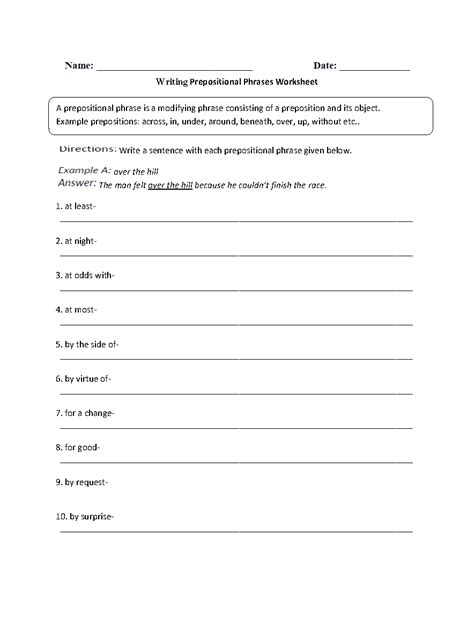parts   sentence worksheets prepositional phrase worksheets