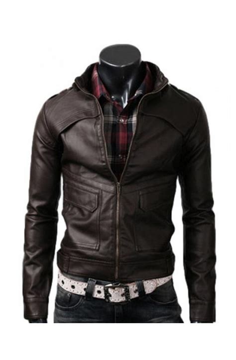 Men S Slim Fit Strap Buckle Collar Dark Brown Leather Jacket