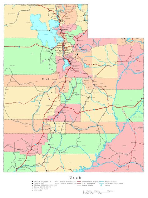 laminated map large detailed administrative map  utah state  roads highways  cities