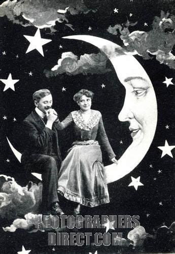 Vintage Crescent Moon Image Couple Sitting On The