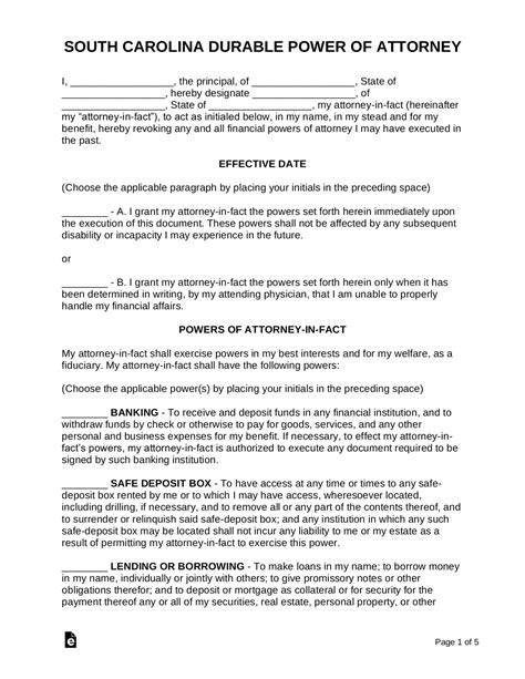 south carolina power  attorney forms  types  word eforms