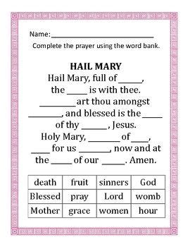 hail mary  father fill   blanks worsheets catholic religious