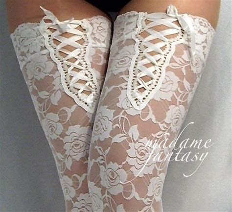 fancy sexy white lace stockings with lace up top on lolobu loungerie pinterest white