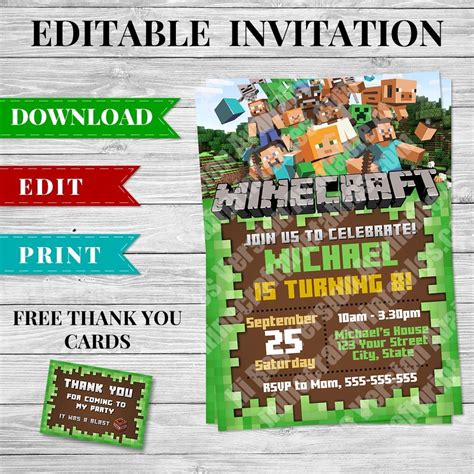 printable minecraft invitation  design  minecraft printables