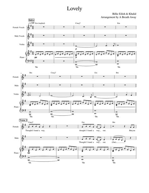 lovely billie eilish feat khalid vocal duetpianoviolindrums sheet   piano